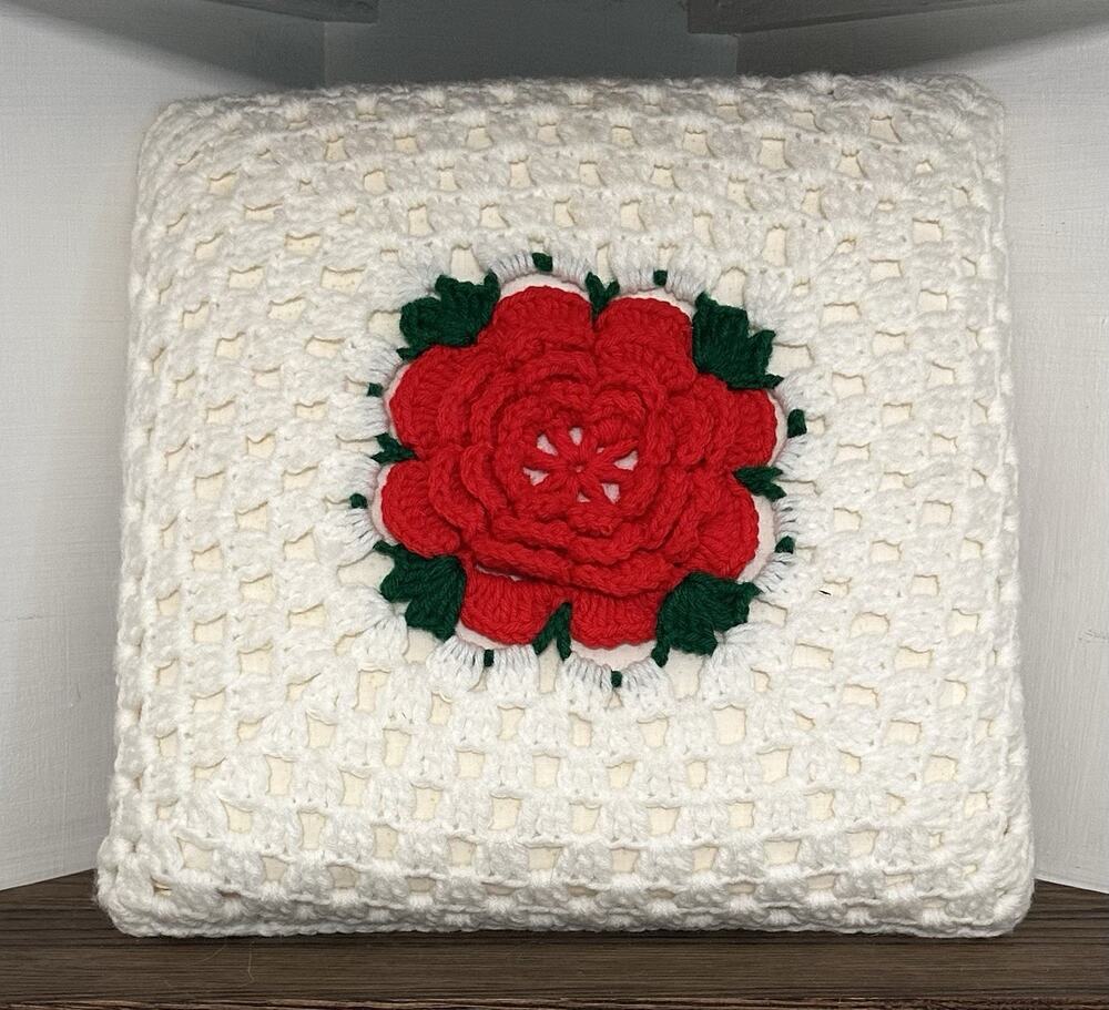 Granny Square Crocheted Roses Handmade Grandmacore Cottagecore Throw Pillow 14”